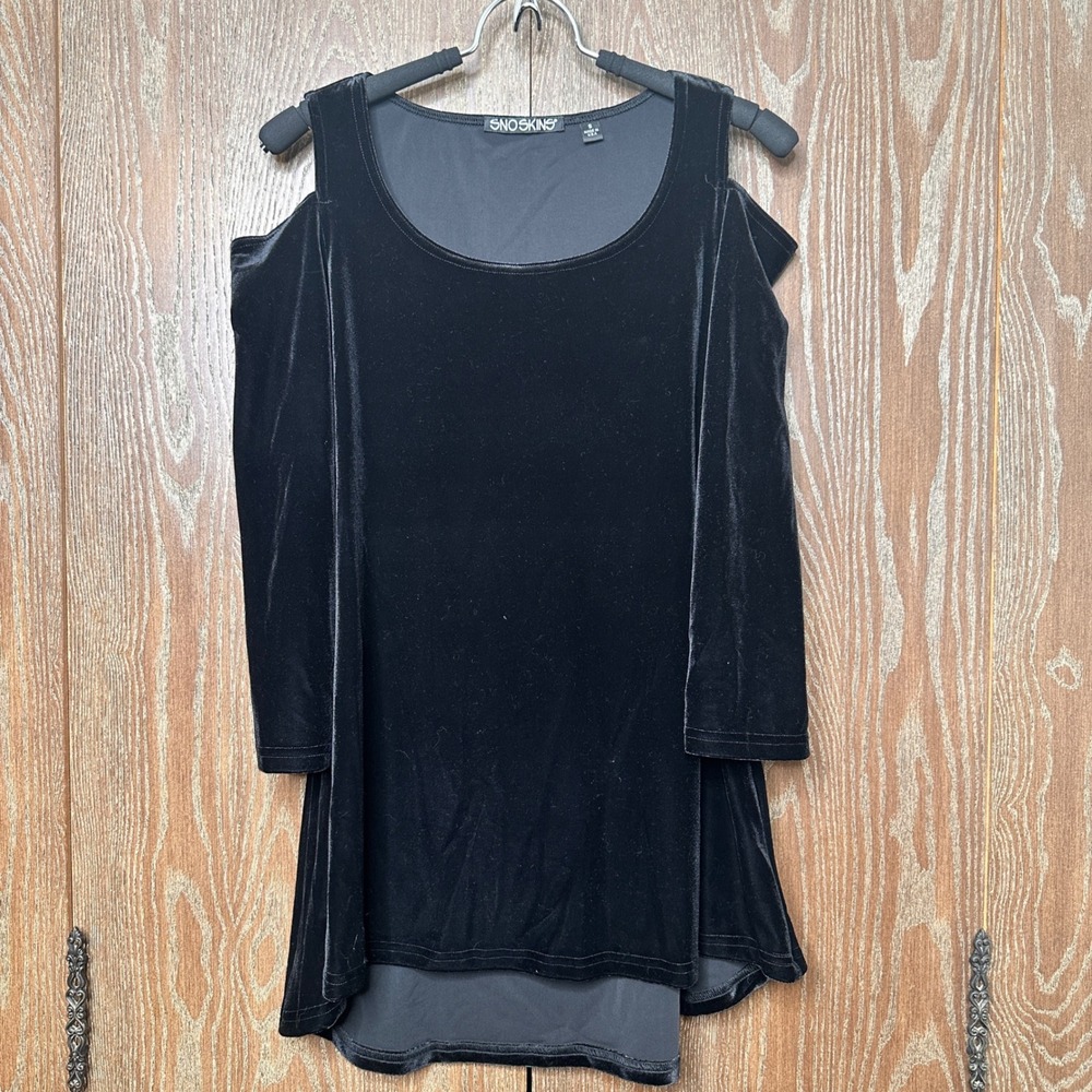 Sno Skins Black Velvet Cold Shoulder Tunic Top Small Made in USA Casual Relaxed